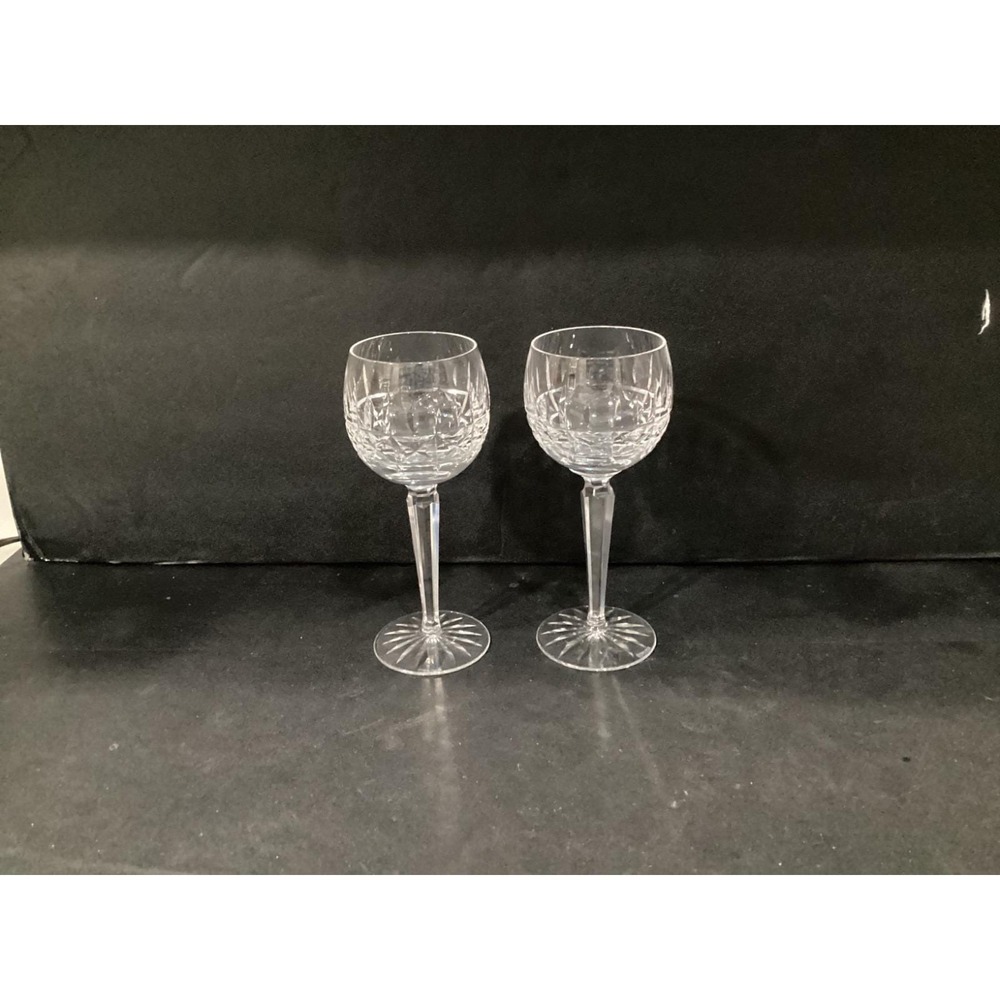 Set of 2 Waterford Lismore Crystal Hock Wine Glasses - 7.5" - Signed